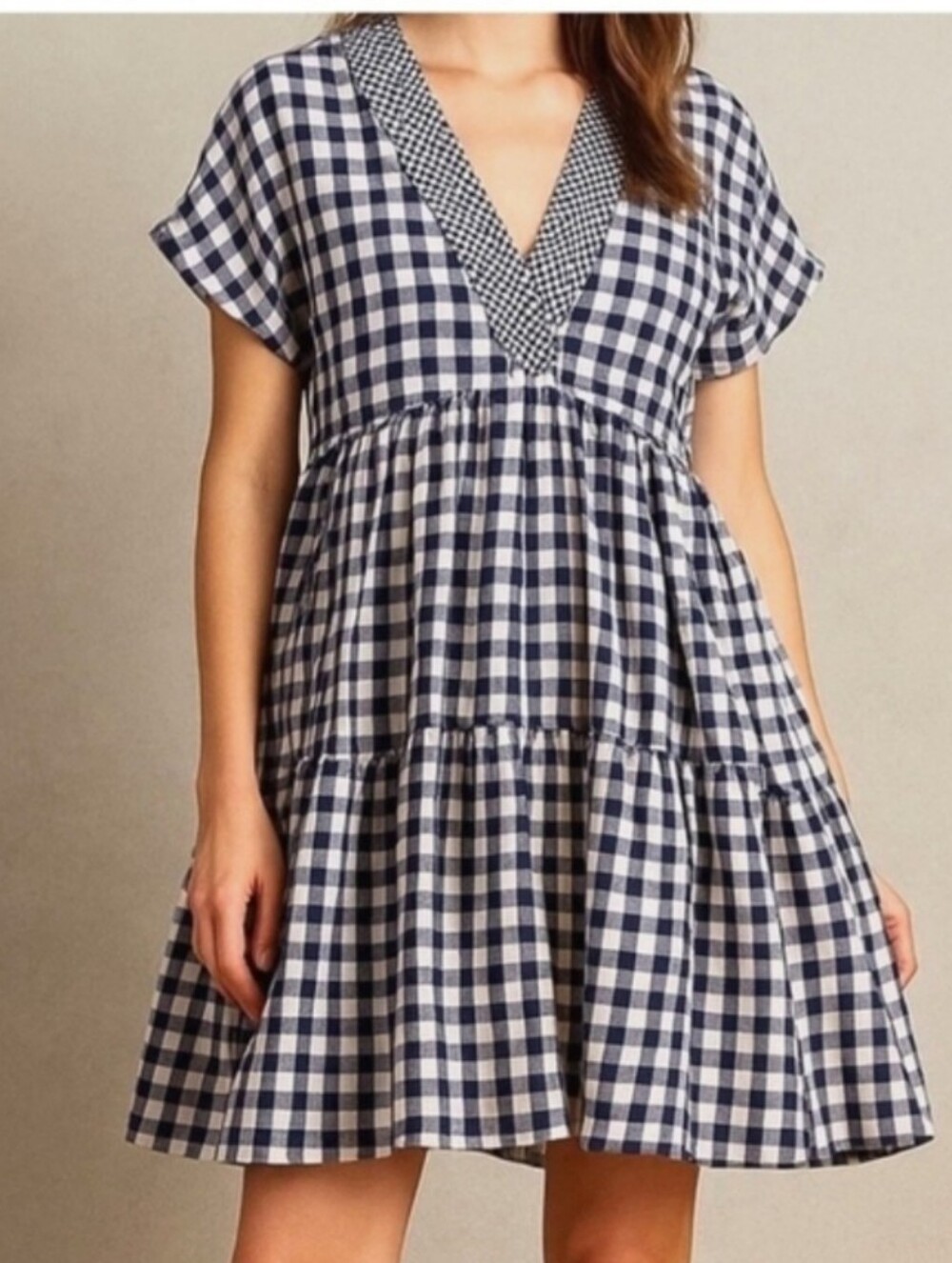 Anthropologie 11-1-TYLHO V Neck Swing Dress Navy and White Gingham Tiered Sz. S - Picture 3 of 8